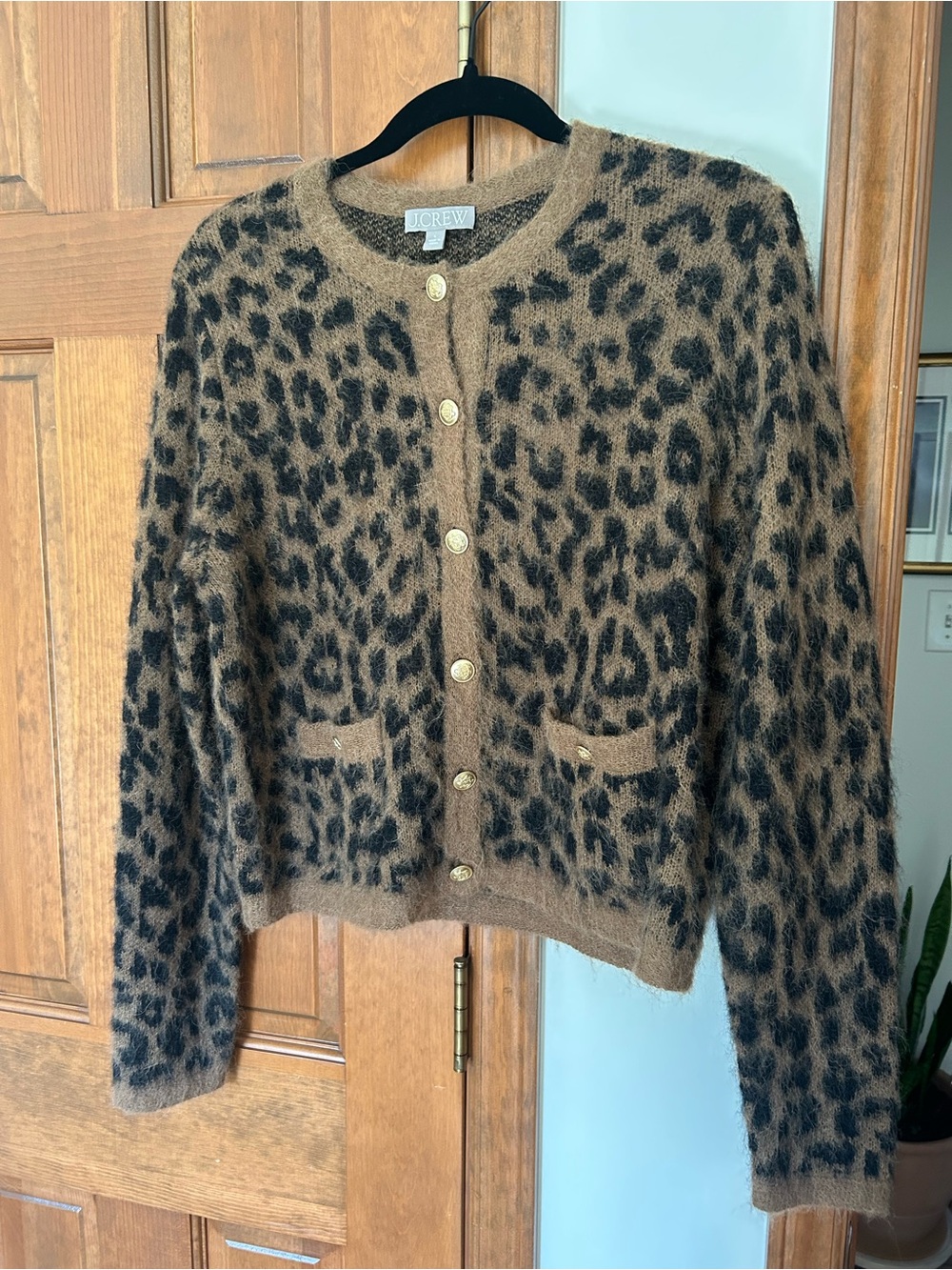 J. Crew Brown and Black Leopard Print Fuzzy Cardigan
